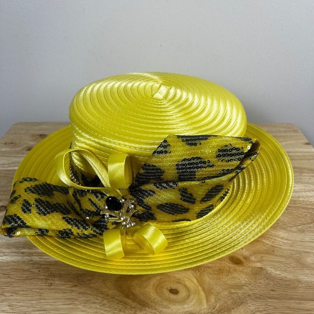 Especially Yours EY Signature Church Hat Yellow Satin Leopard Print Rhinestone